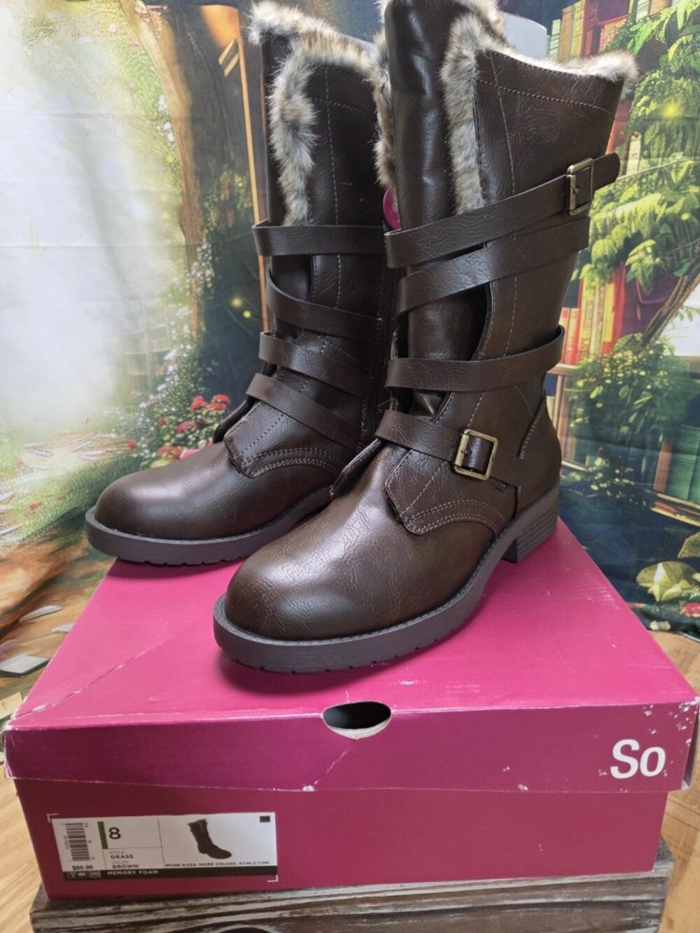 Womens Boots Kohls SO Grass Size 8 Wrap Zipper Faux Fur Memory Foam Buckles NIB